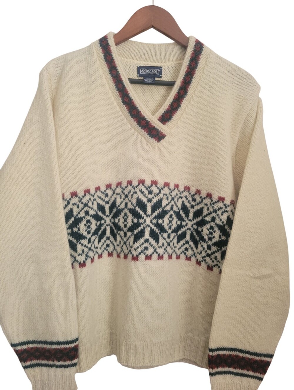 Vintage Lands' End Wool Fair Isle Sweater L Nordic Ski Lodge Made USA 90s - Picture 10 of 11